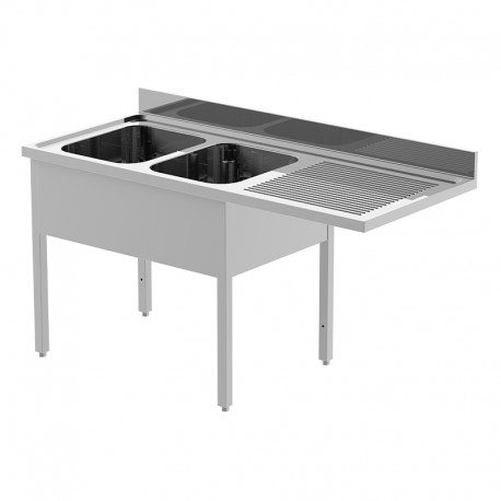 Plonge inox pour lave-vaisselle - 2 bacs - Egouttoir à droite - P 700 x L 1600 mm - Sans étagère basse - PGL1624DT