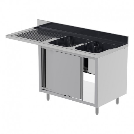 Plonge inox pour lave-vaisselle - 2 bacs - Egouttoir à gauche - P 700 x L 1600 mm - Placard fermé - PGL1624GPT